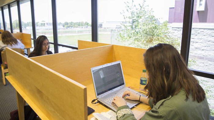 Student studying with a laptop in a carrel near an exterior window