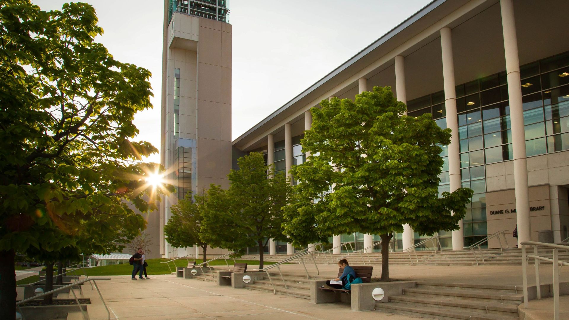 The beautiful front steps of Meyer library at sunset